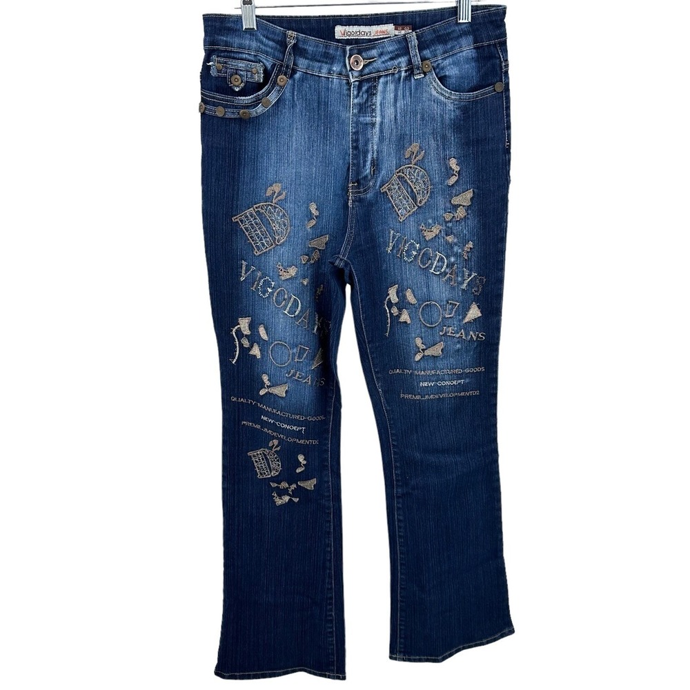 Vigodays Jeans Womens 32 Blue Denim Embroidered Graphic Bootcut Y2K Streetwear